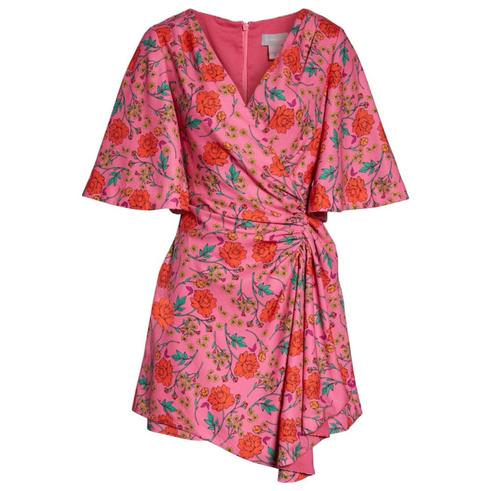 Finders Keepers Hana Floral Side Ruched Faux Wrap Mini Dress Pink Floral SZ 10